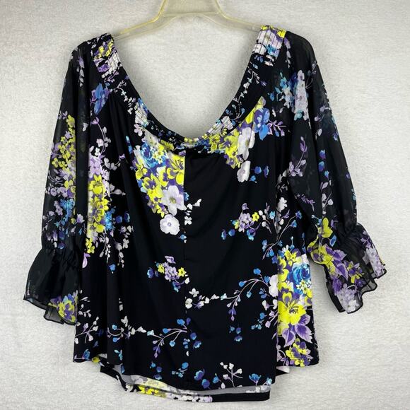 Torrid Studio Knit Off-Shoulder Smocked Chiffon Sleeve Swing Top Black Floral 3X - Picture 10 of 15